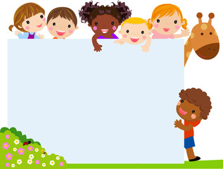 Color frame with group of kids and giraffe,background.