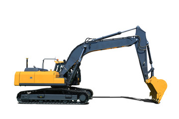 Yellow new excavator, industry engineering and construction