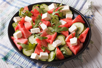 salad with feta, watermelon, cucumber and arugula horizontal
