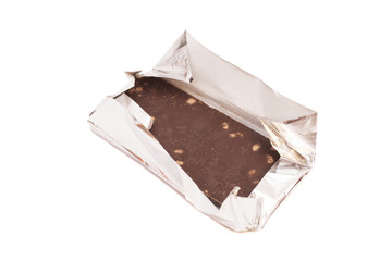 chocolate bar in foil. isolated on white.