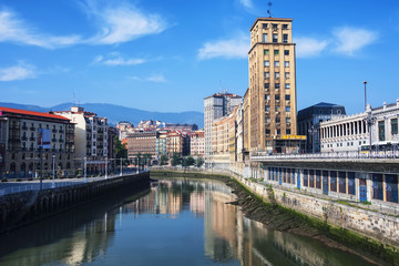 Bilbao, Spain city downtown with a Nevion River