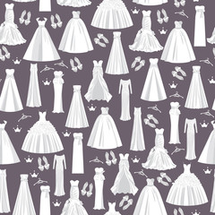 Wedding pattern with white dresses for bride on dark background. Seamless texture for paper, fabric, invitations and other printing, web projects.