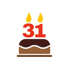 The birthday cake with candles in the form of number 31 icon. Birthday symbol. Flat