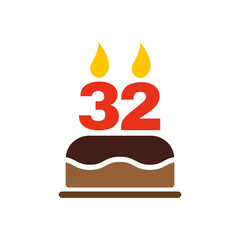 The birthday cake with candles in the form of number 32 icon. Birthday symbol. Flat