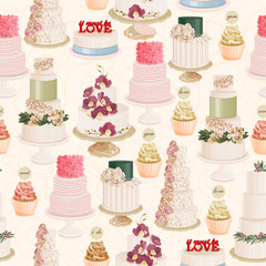 Seamless pattern with different wedding cakes in vintage style on light background