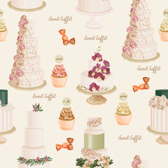Seamless pattern with different wedding cakes in vintage style on light background
