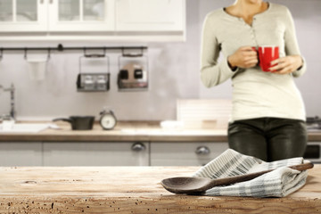 desk and kitchen interior 