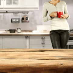 desk and kitchen interior 