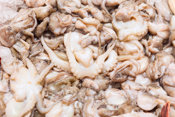 Fresh octopus stack closeup at the seafood market