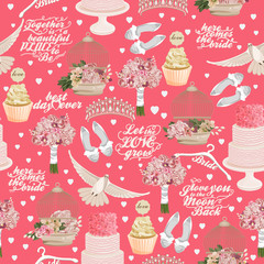 Retro seamless pattern with wedding icons on light background for wedding invitation, paper, fabric and other printing, web projects.