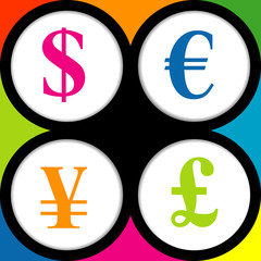 The currency signs of Dollar, Euro, Pound and Yen.