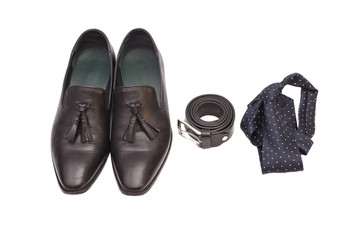 black necktie ,black men's shoes and leather belt