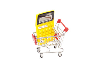 Calculator in shopping cart isolated on white background © yurchello108