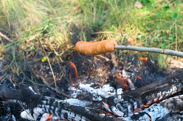 Grilled sausage on a stick over a campfire
