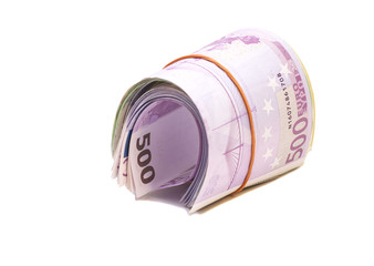 five hundredth euro banknotes under rubber band isolated