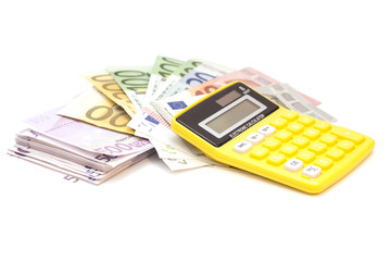 Calculator with euro bank notes