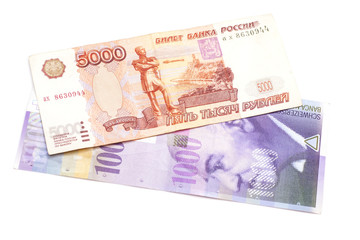 Russian Ruble And Swiss Francs isolated