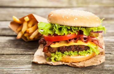 Delicious hamburger and fries
