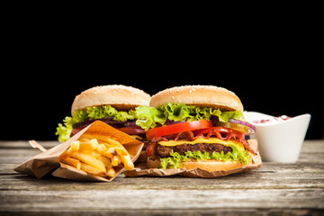 Delicious hamburger and fries