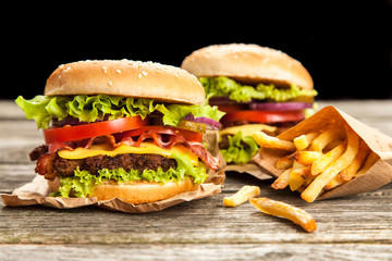 Delicious hamburger and fries