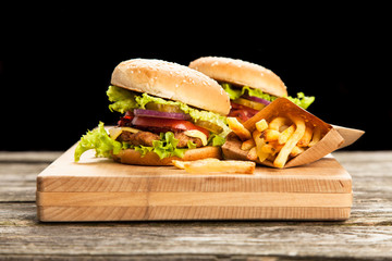 Delicious hamburger and fries