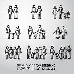 Multigenerational family freehand icons set with all ages