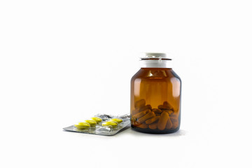pills medical and bottle isolated on white background