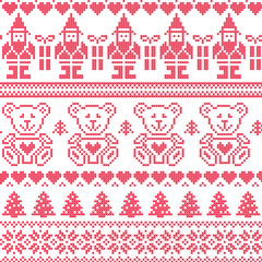 Scandinavian inspired Nordic xmas seamless pattern with elf, stars, teddy bears, snow, xmas  trees, snowflakes, stars, snow, decorative ornaments  in red cross stitch
