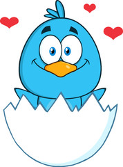 Happy Blue Bird Character Hatching From An Egg With Hearts