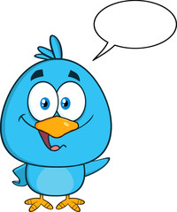 Blue Bird Cartoon Character Waving With Speech Bubble