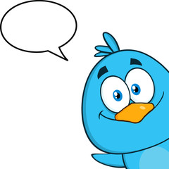 Smiling Blue Bird Character Looking From A Corner With Speech Bubble