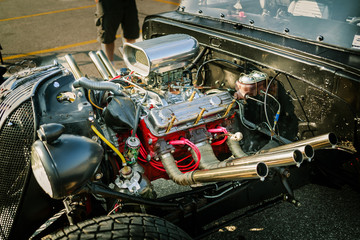 Amazing  gorgeous detailed side closeup view of retro classic vintage hot rod  car engine