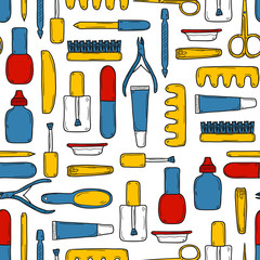 Seamless background with cute hand drawn objects on manicure
