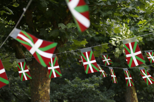 Basque country flags flying in a park with trees