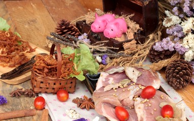 Dry roast pork into strips and raw pork.