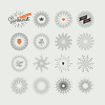 Set of handmade sunburst design elements. Vintage style elements and icons for graphic and website design.