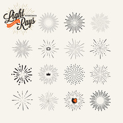 Collection of sunburst handmade vintage design elements. Vector light rays elements and icons for badges,and labels, for graphic and web design.     
