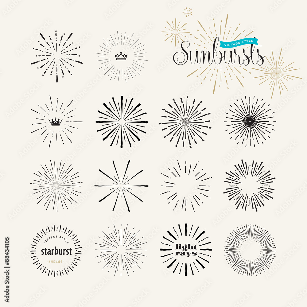 Wall mural set of vintage style sunburst elements for graphic and web design. starburst/light rays handmade vec