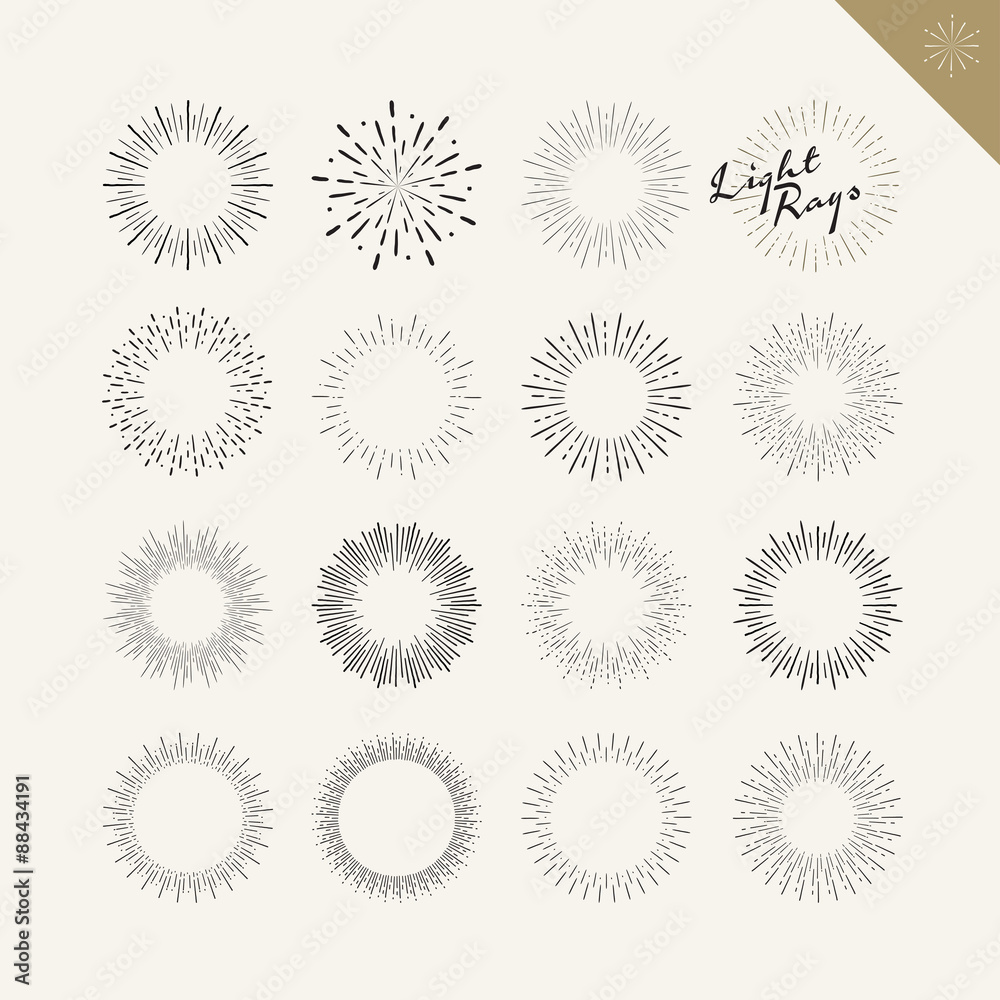 Wall mural set of light rays vintage design elements. vector hand drawn sunburst elements for graphic and web d