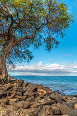 A view from the coastline of Kihei on Maui, Hawaii, with the island of Kahoolawe on the horizon