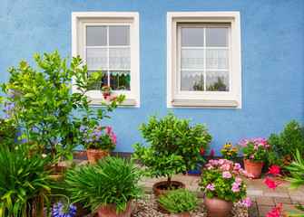 Fototapeta na wymiar blaue Hausfront mit mediterraner Blumendekoration
