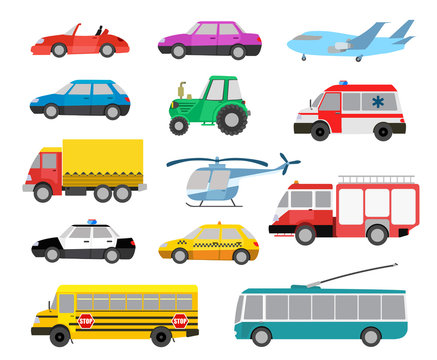 set of cartoon cute cars and other vehicles. vector illustration
