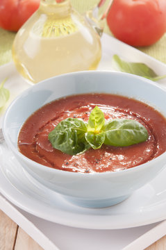 tomato soup in a white bowl, gazpacho 
