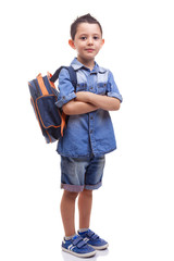 School kid standing with arms crossed on white background