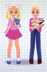 Little school girl and boy with books, vector illustration