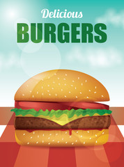 Delicious Burger with tomatoes, lettuce, cheese, meat and ketchup.