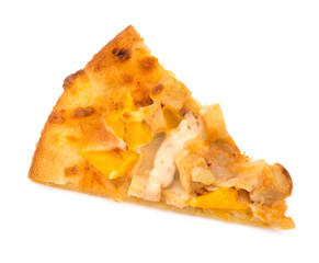 top view izza slice with chicken and mango on a white background