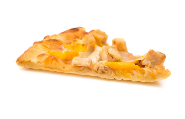 pizza slice with chicken and mango on a white background