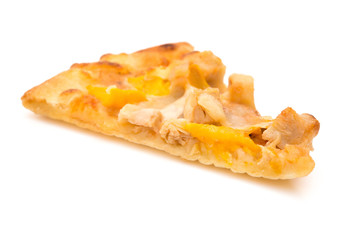 pizza slice with chicken and mango on a white background