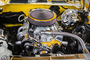 Amazing beautiful, stunning closeup view of vintage classic retro car detailed engine and  parts